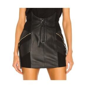 Retrofete Black Leather Mini Skirt with Gold Zippers